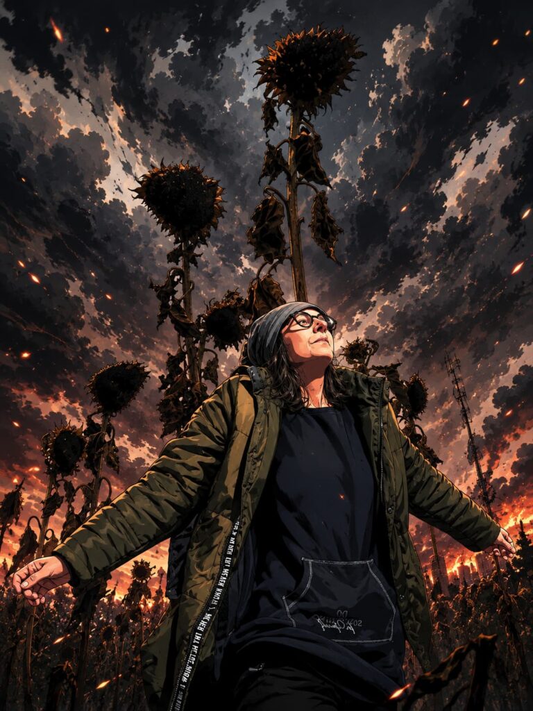 Anime-Illustration einer reifen Frau in dunkler Kleidung mit ausgebreiteten Armen in einem Feld vertrockneter Sonnenblumen vor einem dramatischen, feurig-dunklen Himmel.