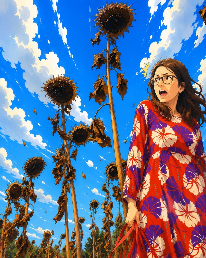 Anime-Illustration einer jungen Frau in einem rot-lila gemusterten Kleid zwischen vertrockneten Sonnenblumen vor leuchtend blauem Himmel.
