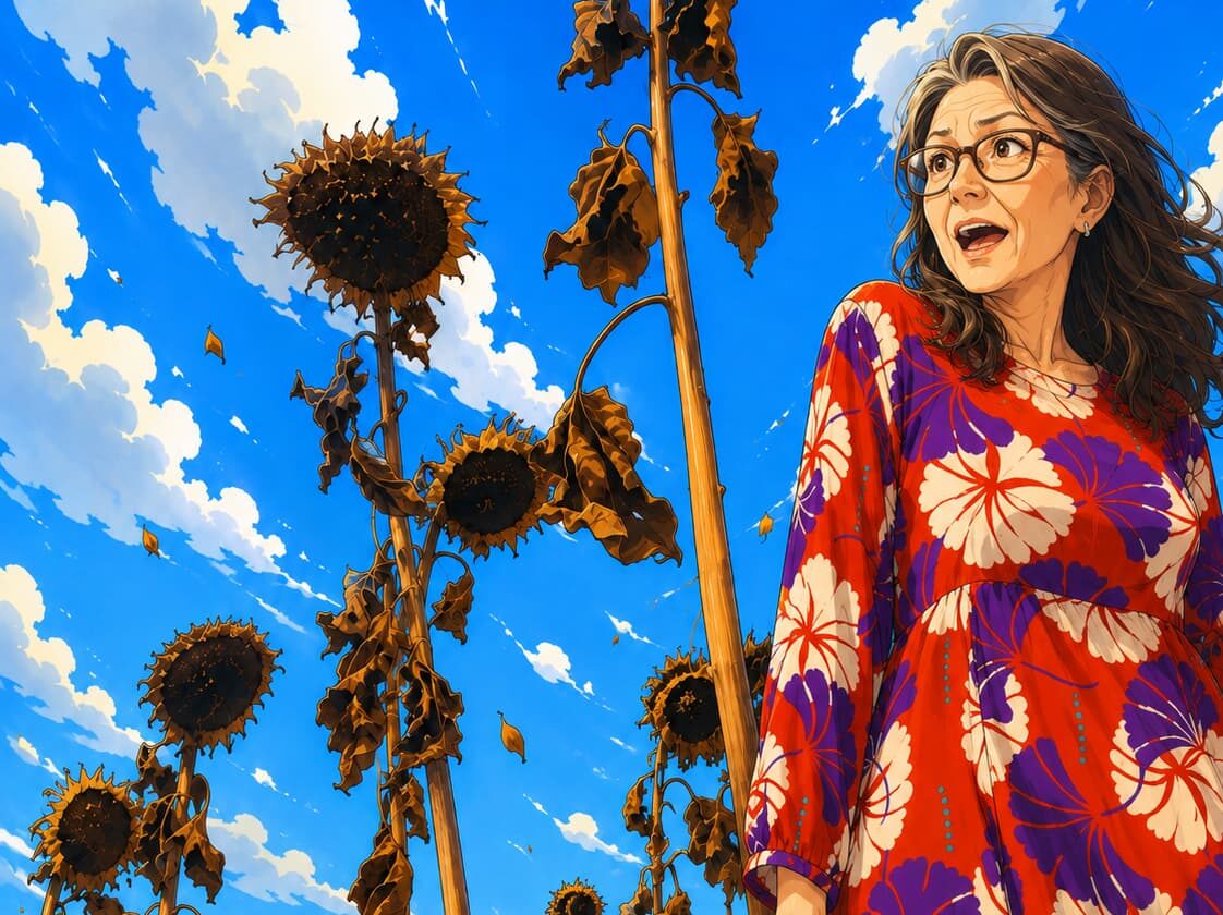 Anime-Illustration einer reiferen Frau in einem rot-lila gemusterten Kleid zwischen vertrockneten Sonnenblumen vor leuchtend blauem Himmel.