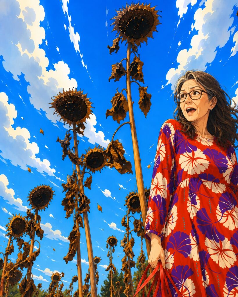 Anime-Illustration einer reiferen Frau in einem rot-lila gemusterten Kleid zwischen vertrockneten Sonnenblumen vor leuchtend blauem Himmel.