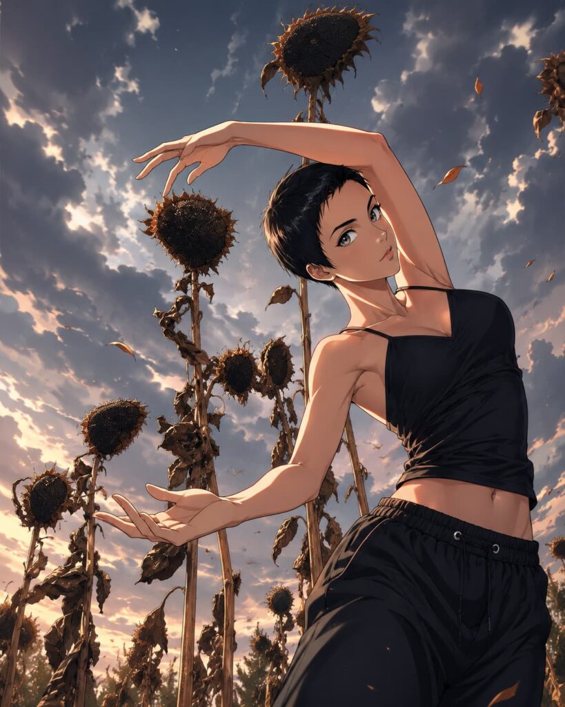 Anime-Illustration einer jungen Frau mit kurzem dunklem Haar in schwarzem Oberteil und dunkler Hose, die zwischen vertrockneten Sonnenblumen eine tänzerische Pose einnimmt.