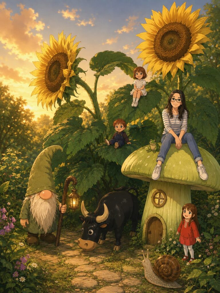 nimeszene der Wichtelwiesenwelt mit erwachsener Frau, mehreren Kinderfiguren, Wichtel, Stier, Schnecke, Frosch und riesigen Sonnenblumen.