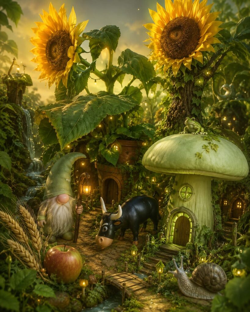 Erster KI-Entwurf einer üppigen Fantasiewelt mit Sonnenblumen, Pilzhaus, Wichtel, Stier, Frosch, Schnecke, Apfel und Getreide.
