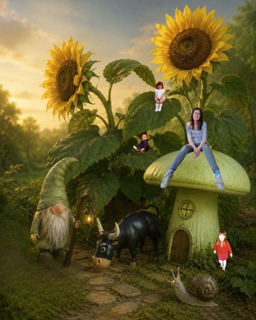antasielandschaft mit erwachsener Frau und mehreren Kinderfiguren zwischen Wichtel, Stier, Schnecke, Frosch und riesigen Sonnenblumen.