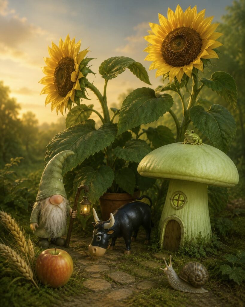 Reduzierte Fantasielandschaft mit riesigen Sonnenblumen, grünem Pilzhaus, Wichtel, Stier, Frosch und Schnecke.