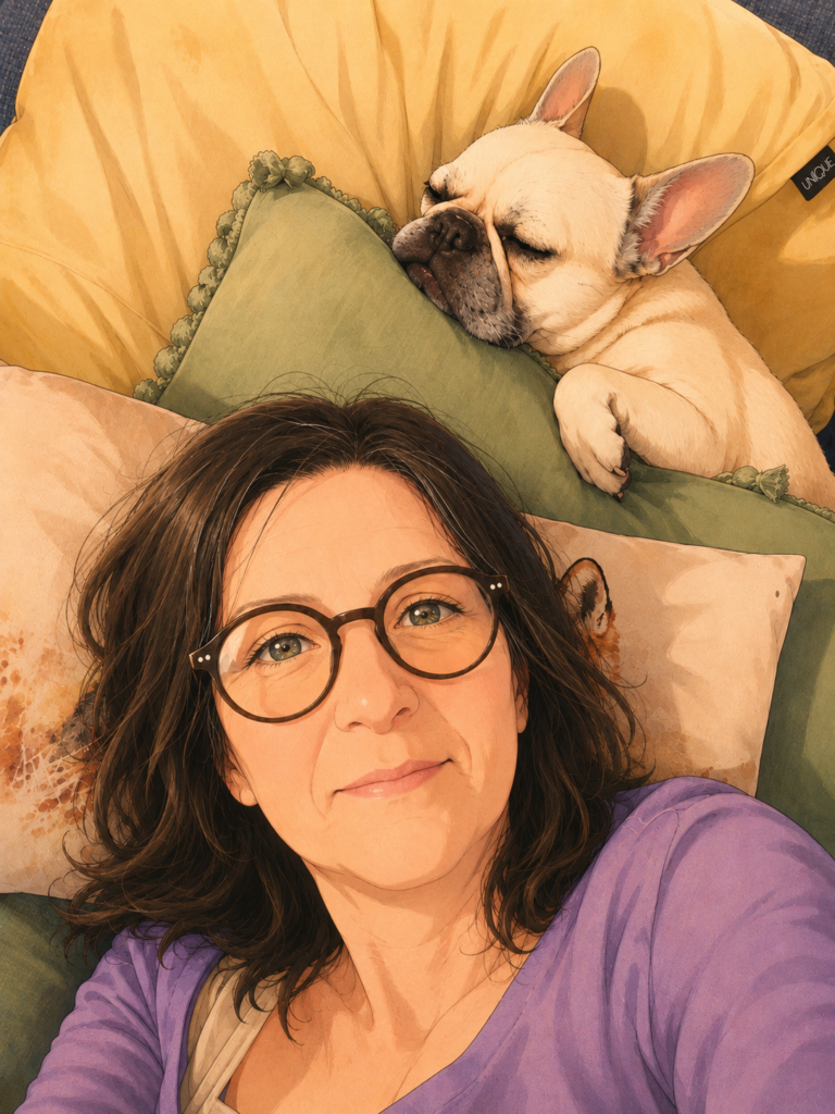Animeversion des Sofafotos mit Silke im Vordergrund und der schlafenden Lotte zwischen bunten Kissen.