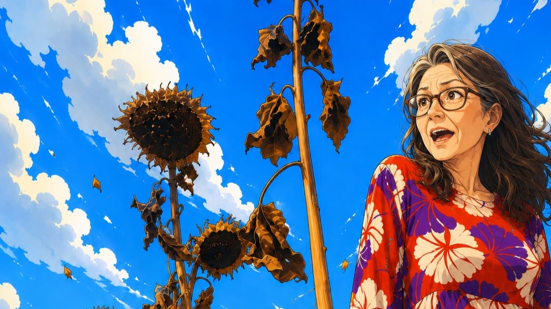 Anime-Illustration einer reiferen Frau in einem rot-lila gemusterten Kleid zwischen vertrockneten Sonnenblumen vor leuchtend blauem Himmel.